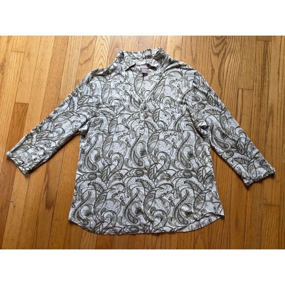 Chicos Womens Paisley Pattern Blouse Size 2 US M/L Beige & Olive Linen - Picture 3 of 7